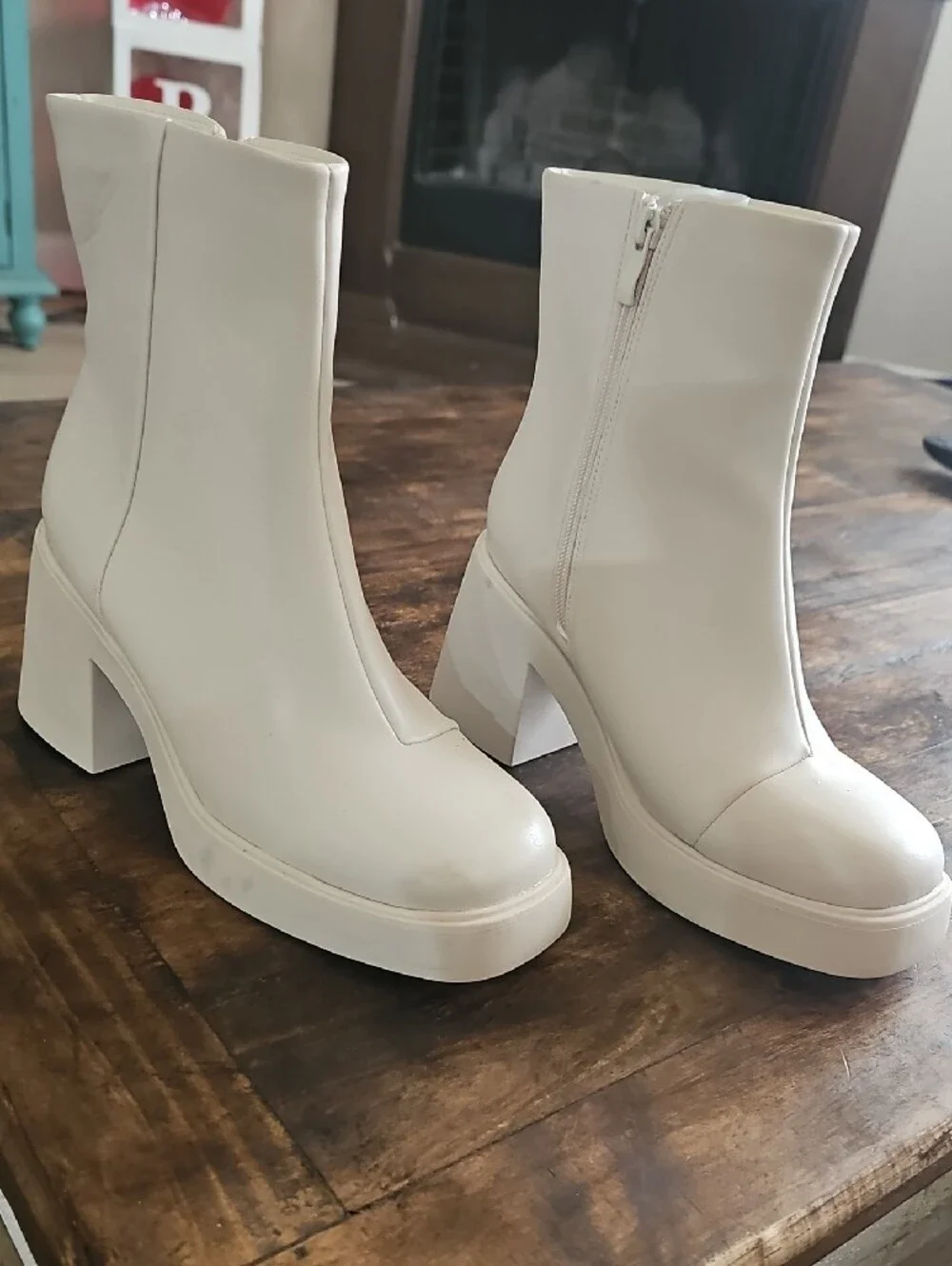 Cream Platform Ankle Boots with Back Zip